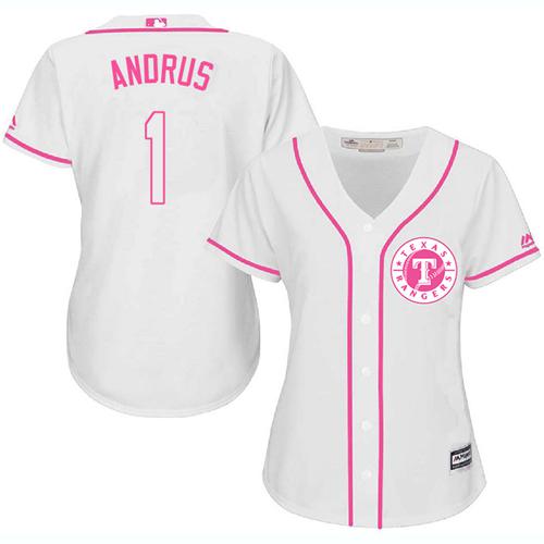 Rangers #1 Elvis Andrus White/Pink Fashion Women's Stitched MLB Jersey